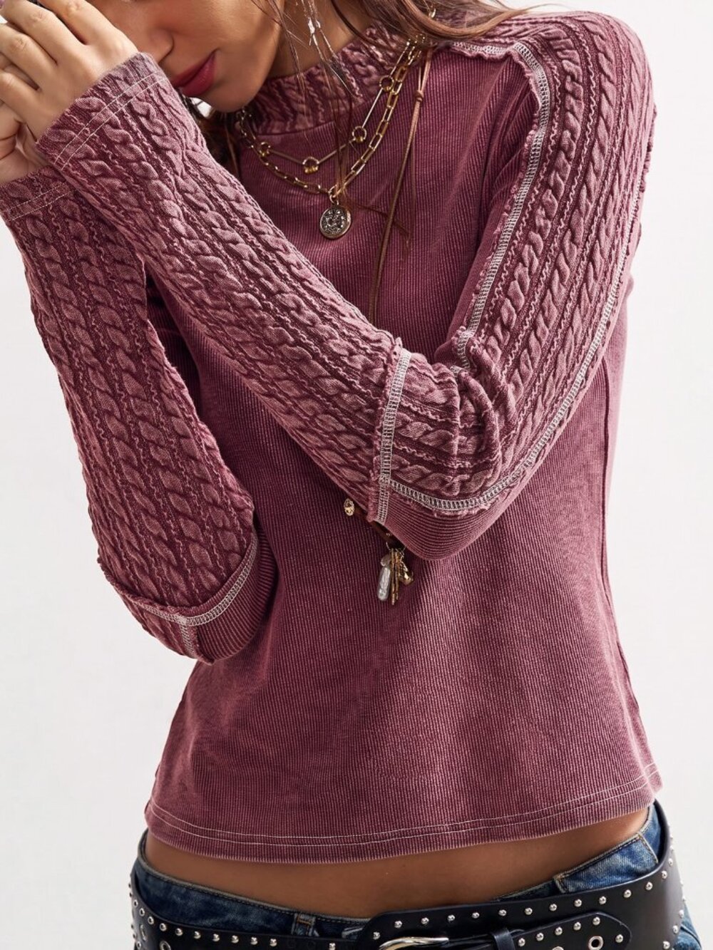 Burgundy Casual Women's Cable-Knit Stand Collar Raglan Sleeve Slim Fit T-Shirt
